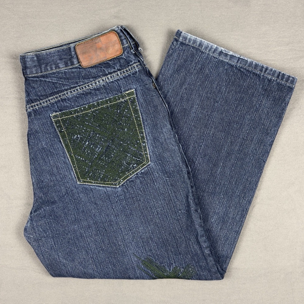 Vintage Phat Farm Jeans Size 36 x 33(27.5) Wide Leg Green Embroidery Y2K Skater